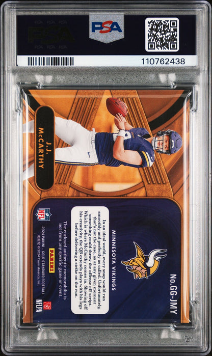 J.J. McCarthy Rookie Relic PSA 8 2024 Panini Gold Standard Gold Gear #GGJMY /299 back