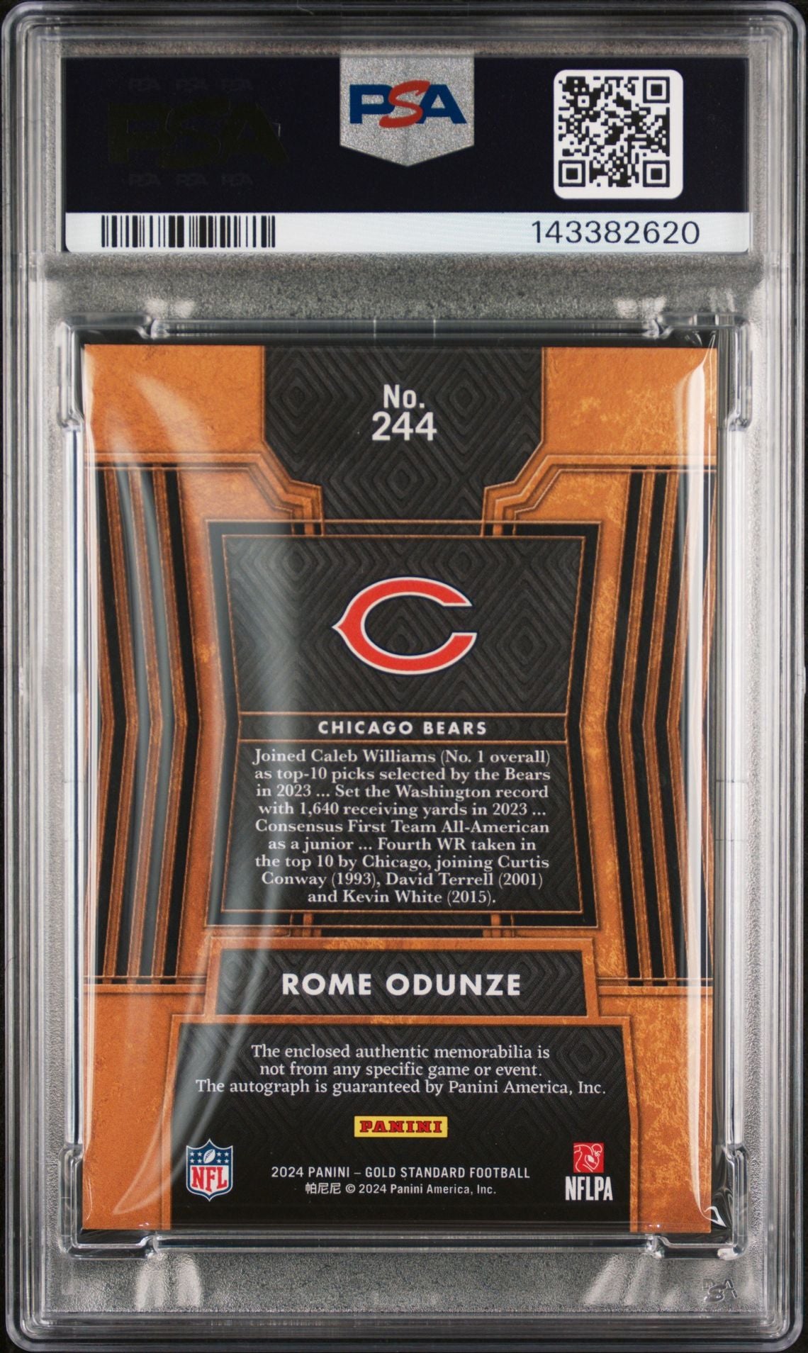 Rome Odunze Rookie Jersey Autograph PSA 8 2024 Panini Gold Standard #244 back