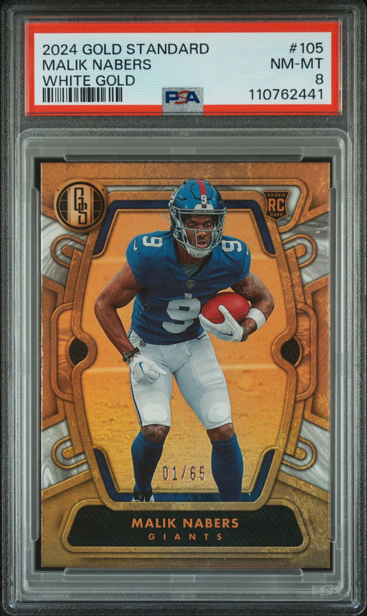 Malik Nabers Rookie PSA 8 2024 Panini Gold Standard White Gold #105 /65 front