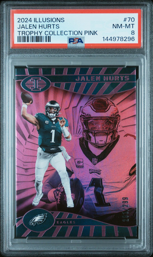 Jalen Hurts PSA 8 2024 Panini Illusions Trophy Collection Pink #70 front