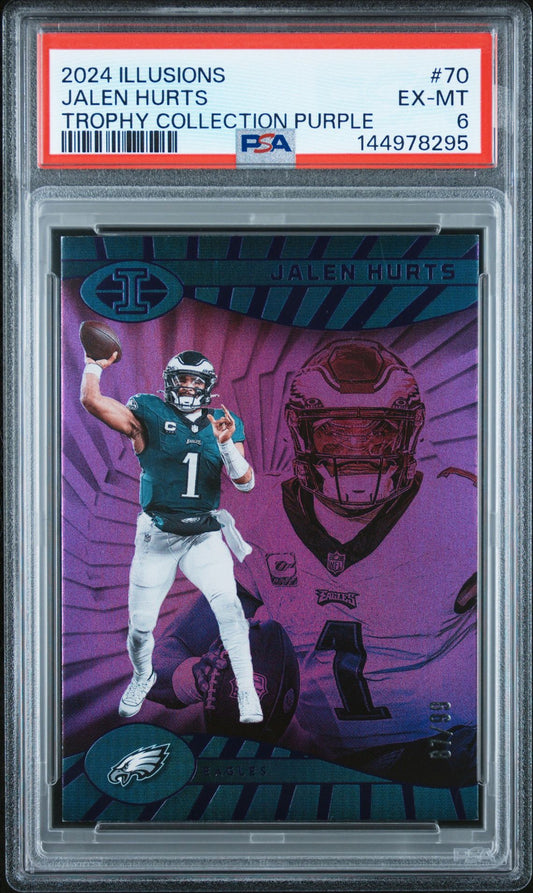 Jalen Hurts PSA 6 2024 Panini Illusions Trophy Collection Purple #70 front