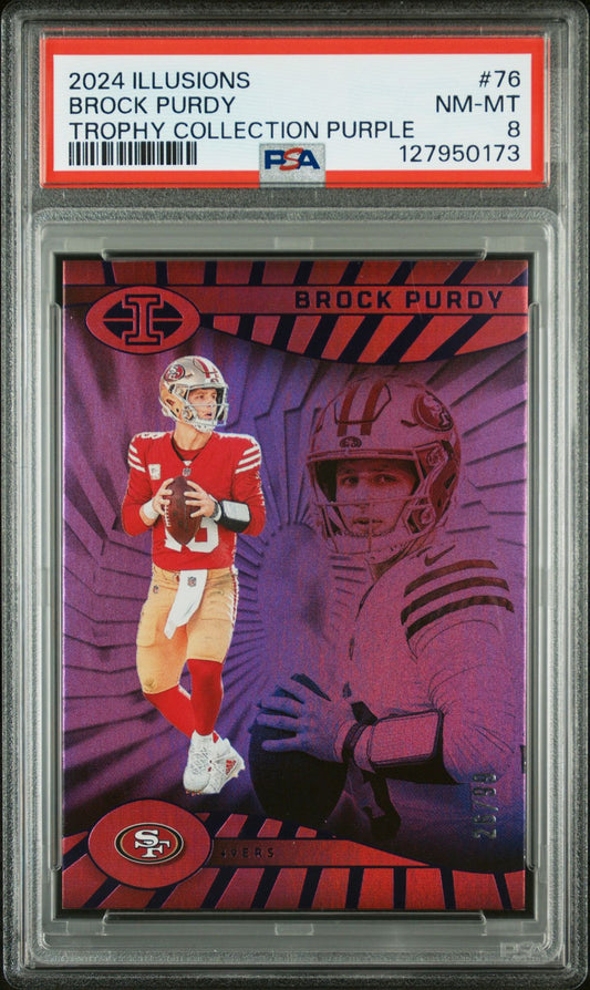 Brock Purdy PSA 8 2024 Panini Illusions Trophy Collection Purple #76 /99 front