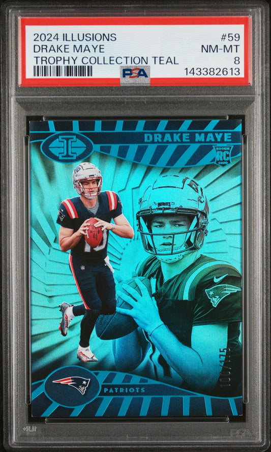 Drake Maye Rookie PSA 8 2024 Panini Illusions Trophy Collection Teal #59 front