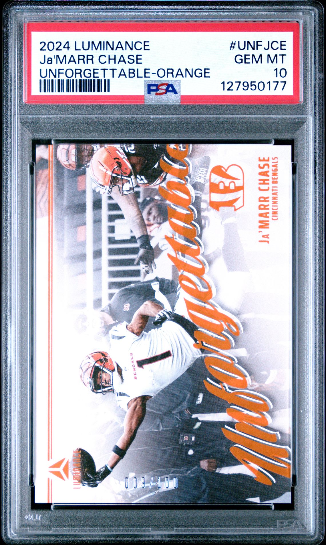 Ja'Marr Chase PSA 10 2024 Panini Luminance Unforgettable Orange #UNFJCE /100 front