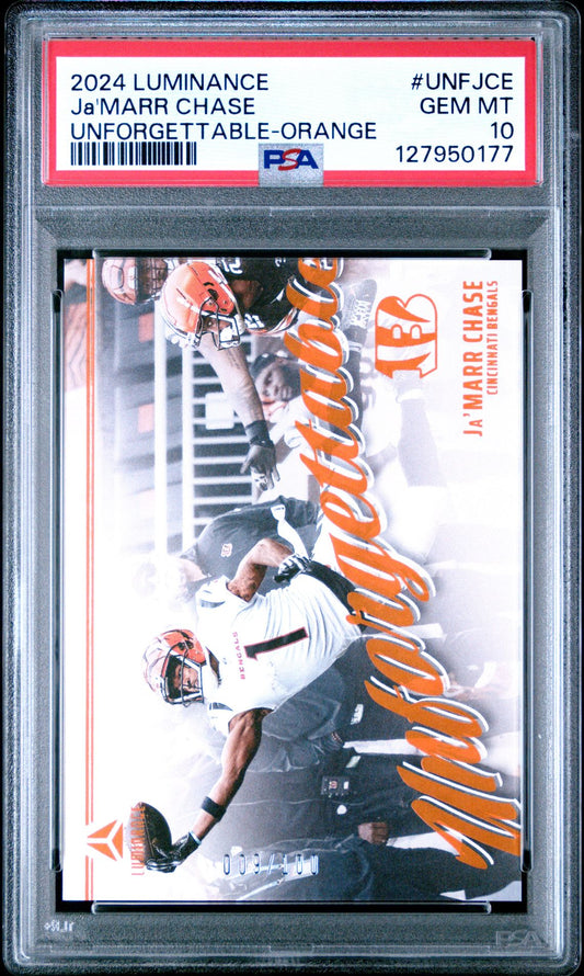 Ja'Marr Chase PSA 10 2024 Panini Luminance Unforgettable Orange #UNFJCE /100 front