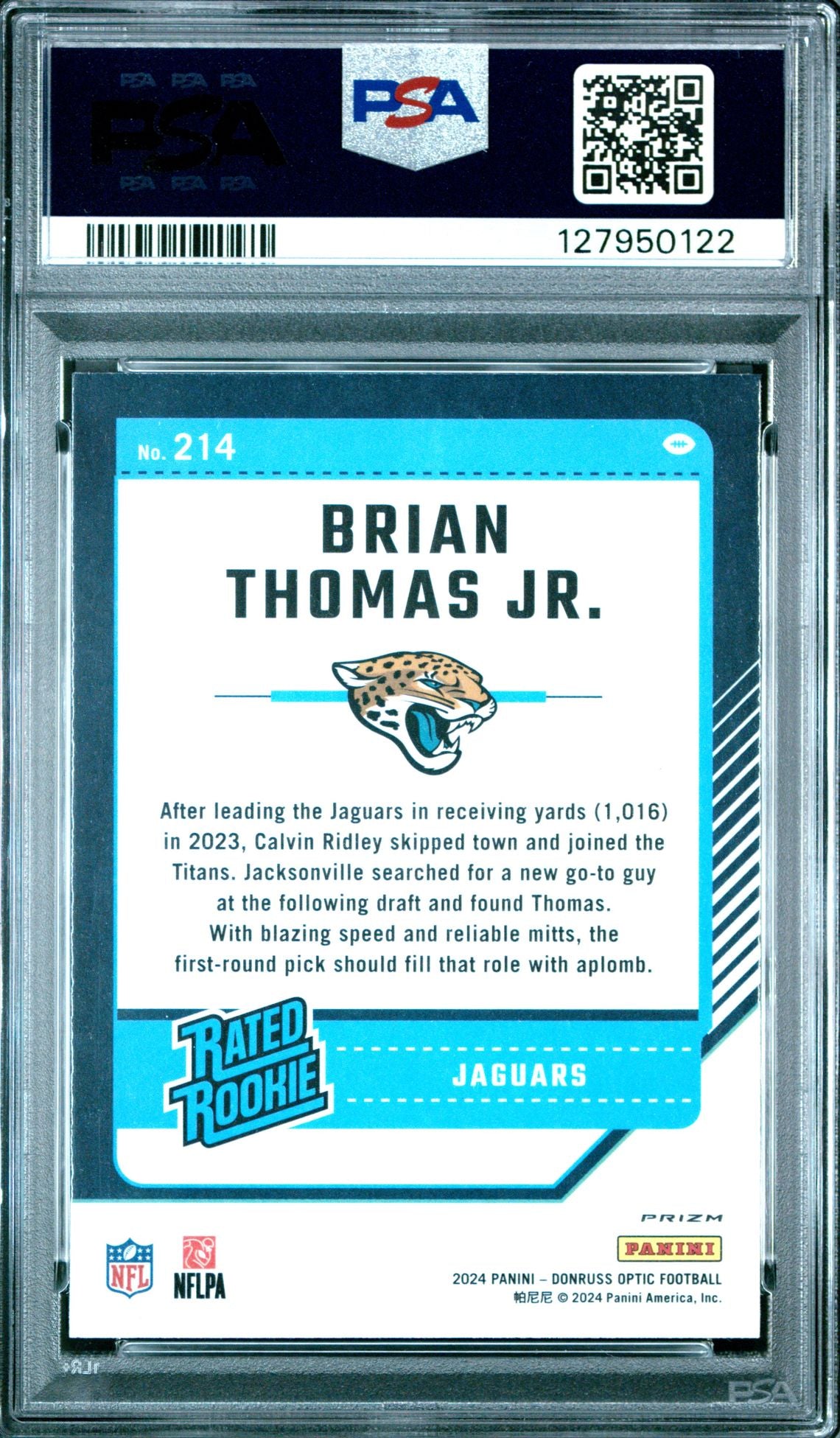 Brian Thomas Jr. rookie PSA 9 - back of slab showing cert 127950122