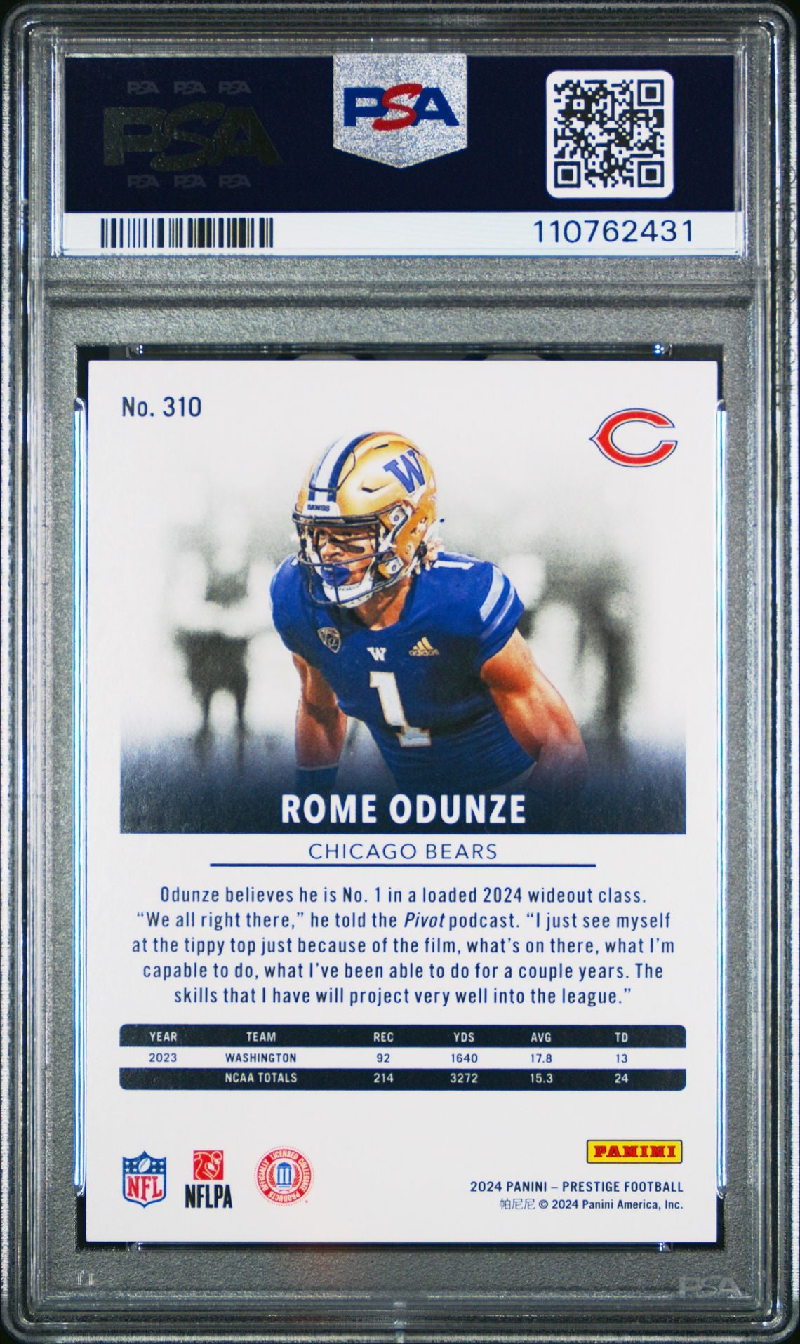 Rome Odunze Rookie PSA 10 2024 Panini Prestige Xtra Points Purple /150 back