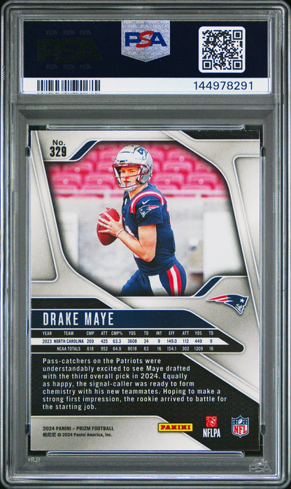 Drake Maye Rookie PSA 9 2024 Panini Prizm #329 back copy 2