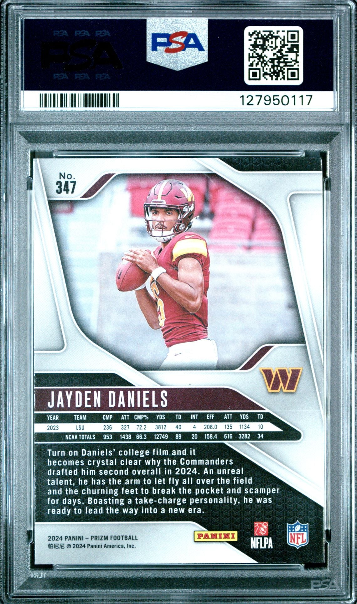 2024 Panini Prizm #347 Jayden Daniels PSA 10 rookie - back of slab showing cert 127950117