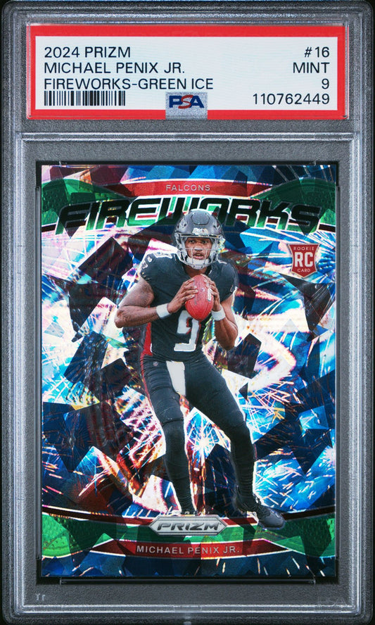 Michael Penix Jr. Rookie PSA 9 2024 Panini Prizm Fireworks Green Ice #16 front