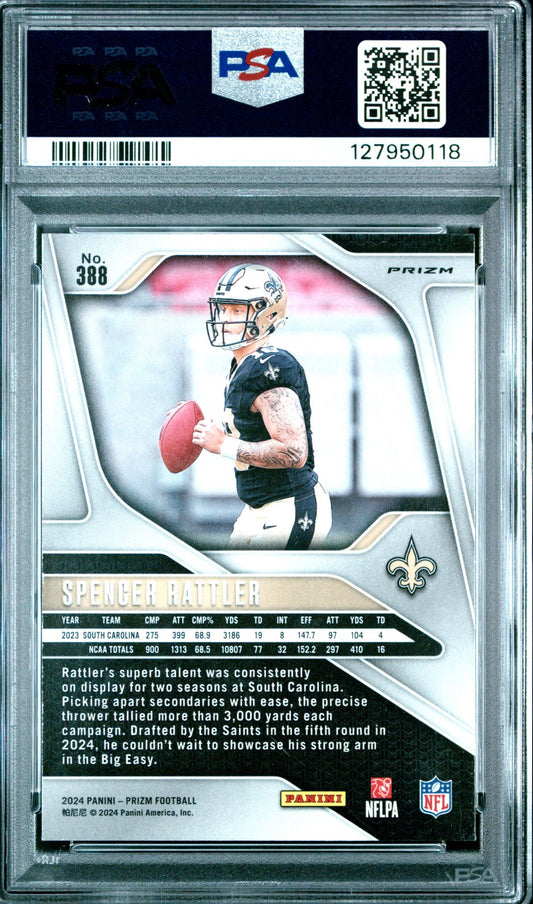 2024 Panini Prizm Neon Green Pulsar #388 Spencer Rattler PSA 10 rookie - back of slab showing cert 127950118