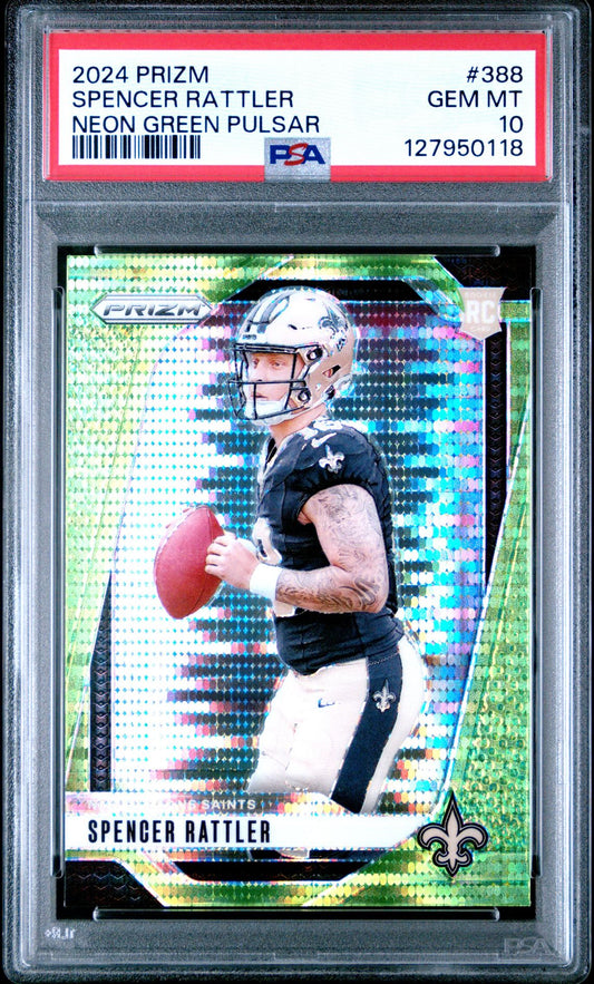2024 Panini Prizm Neon Green Pulsar #388 Spencer Rattler PSA 10 rookie - front of slab
