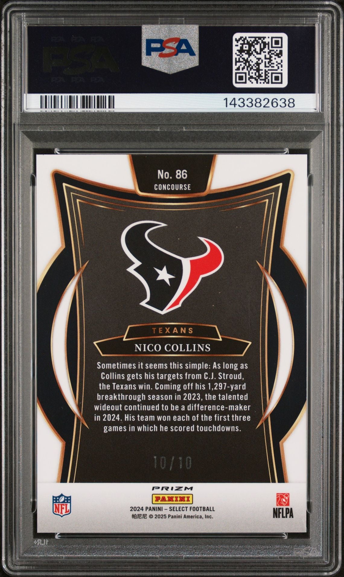 Nico Collins PSA 9 2024 Panini Select Gold Prizm #86 back