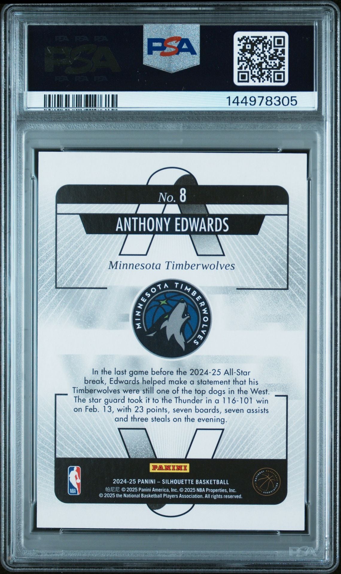 Anthony Edwards PSA 9 2024 Panini Silhouettes Vanta #8 back