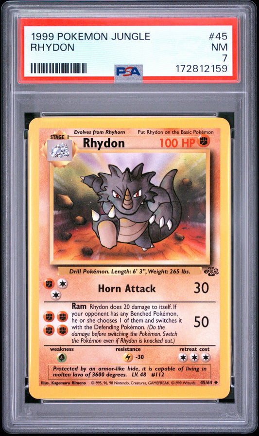 Front of PSA 7 graded 1999 Pokemon Jungle Rhydon card 45 of 64, cert 172812159