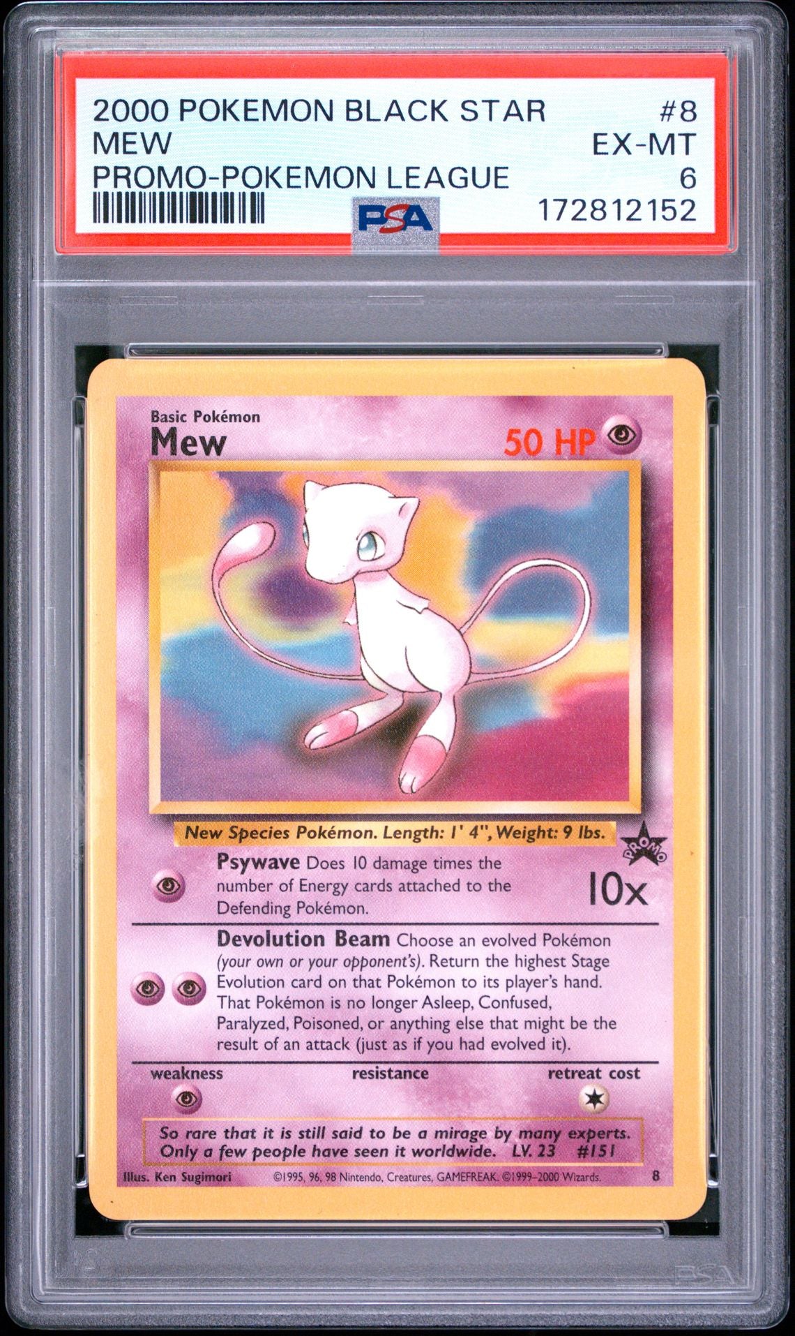 Front of PSA 6 graded 2000 Pokemon Black Star Promo Mew card 8 Pokemon League, cert 172812152