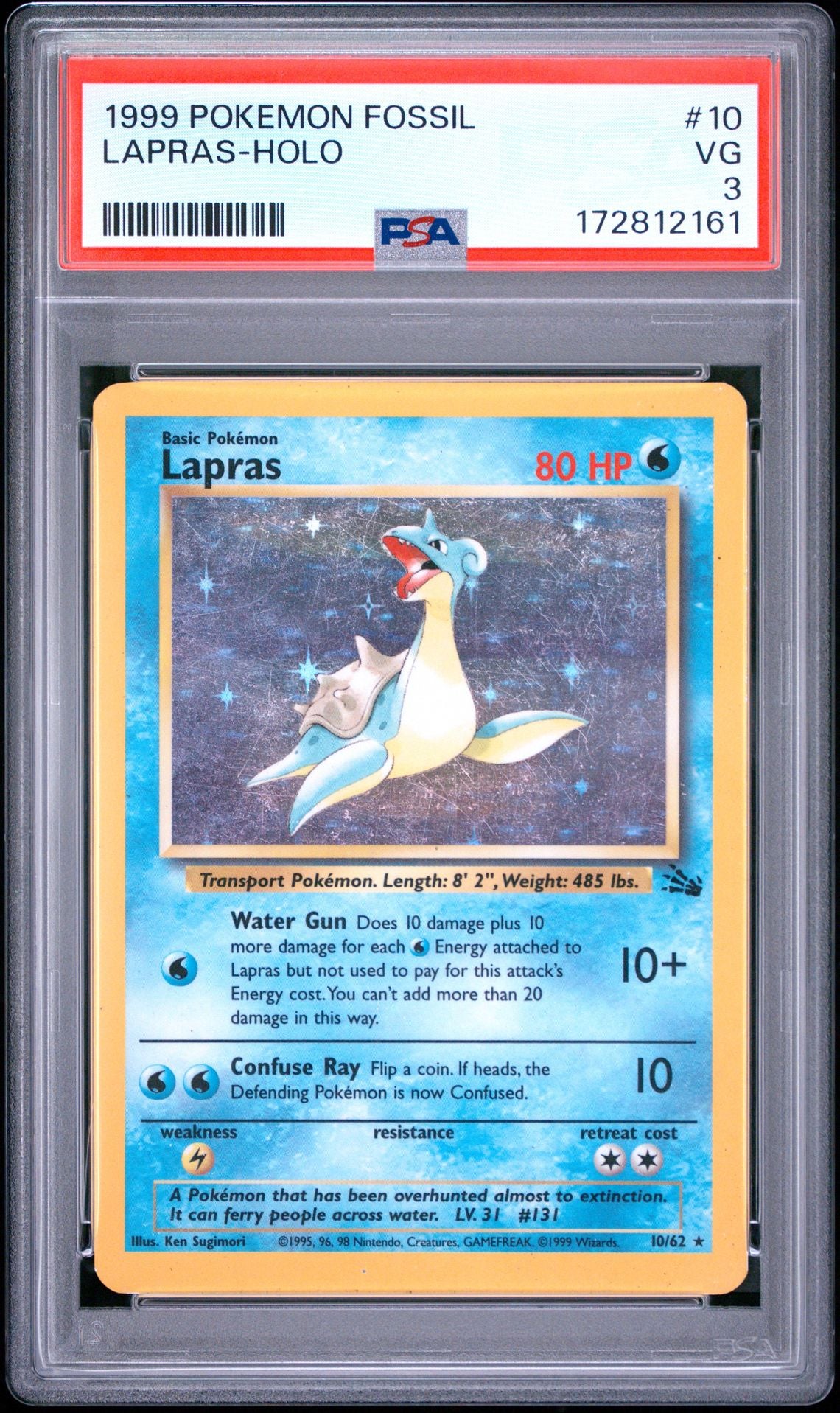 Front of PSA 3 graded 1999 Pokemon Fossil Lapras holo card 10 of 62, cert 172812161