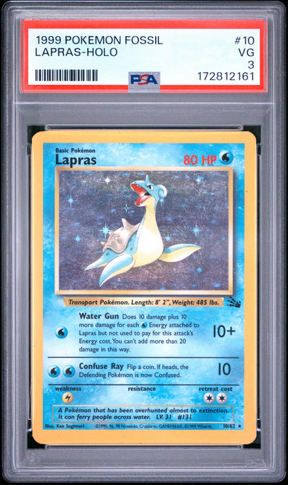 Front of PSA 3 graded 1999 Pokemon Fossil Lapras holo card 10 of 62, cert 172812161