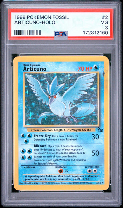 Front of PSA 3 graded 1999 Pokemon Fossil Articuno holo card 2 of 62, cert 172812160