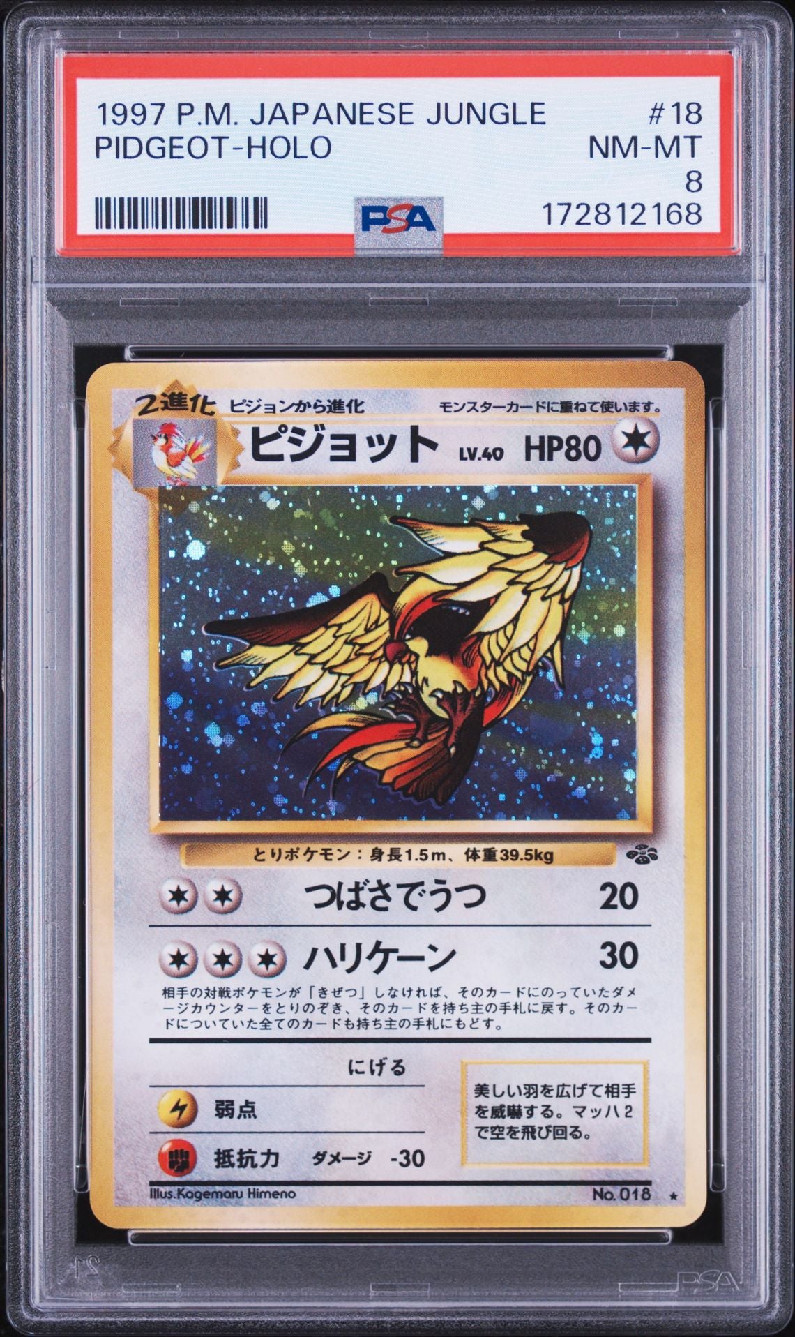 Front of PSA 8 graded 1997 Pokemon Japanese Jungle Pidgeot holo card 18, cert 172812168