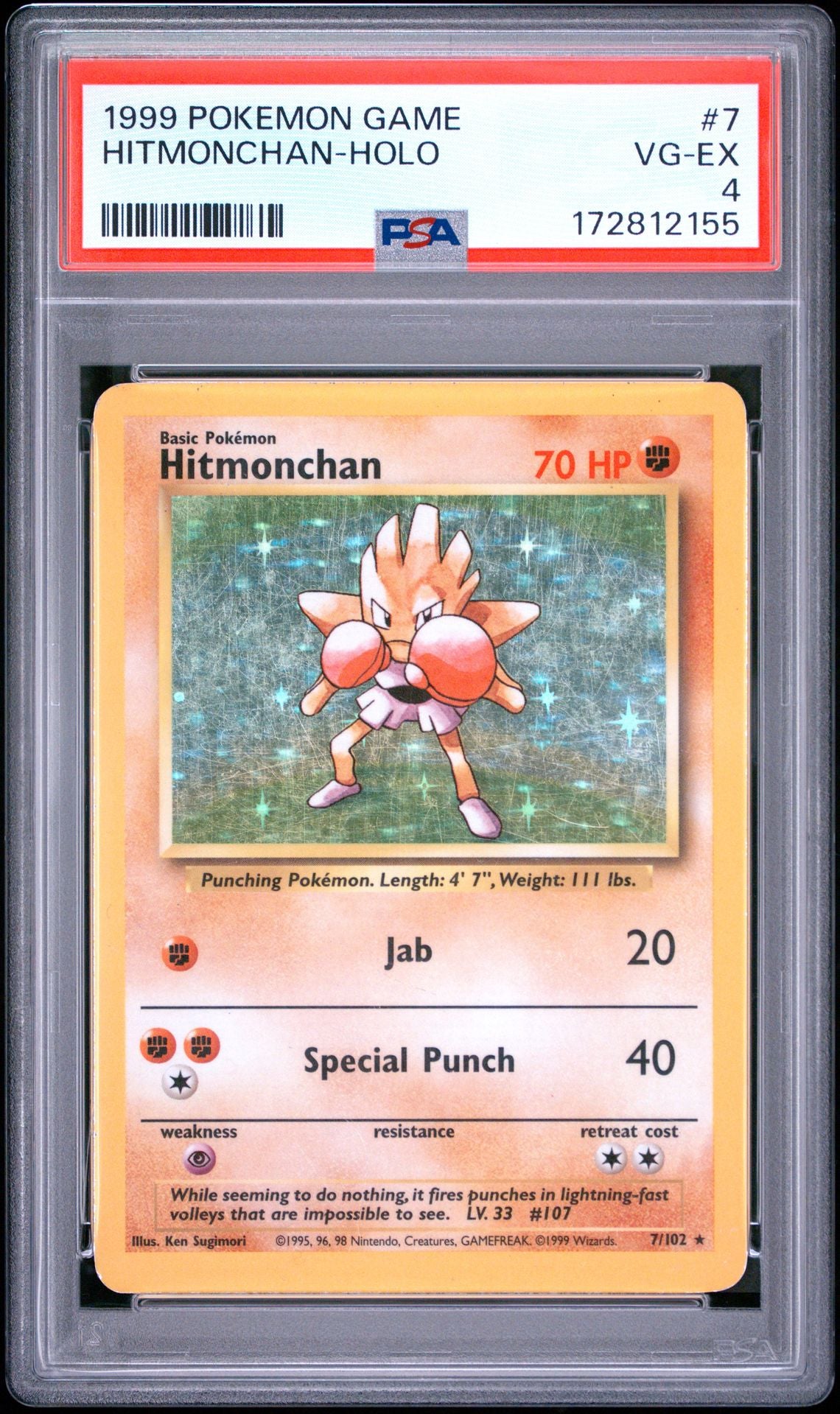 Front of PSA 4 graded 1999 Pokemon Base Set Hitmonchan holo card 7 of 102, cert 172812155