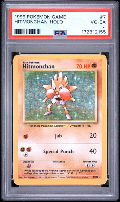 Front of PSA 4 graded 1999 Pokemon Base Set Hitmonchan holo card 7 of 102, cert 172812155