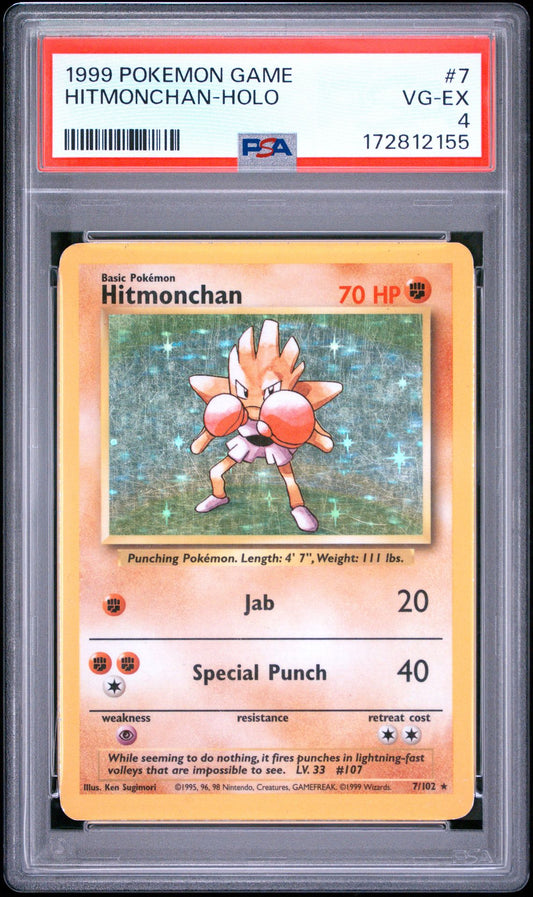 Front of PSA 4 graded 1999 Pokemon Base Set Hitmonchan holo card 7 of 102, cert 172812155