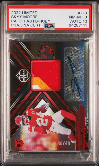 2022 Panini Limited Patch Autograph-Ruby #118 Skyy Moore PSA 8/Auto 10 (RC, AU)