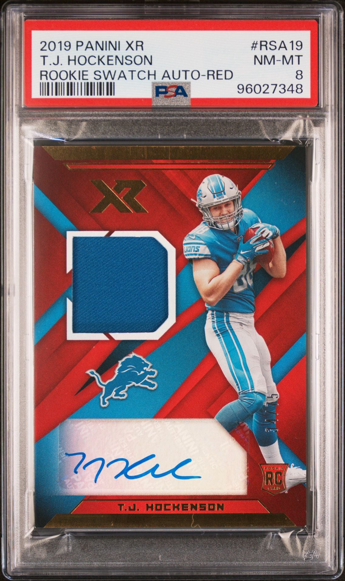 2019 Panini XR Rookie Swatch Authographs Red #RSA19 T.J. Hockenson PSA 8 (RC)