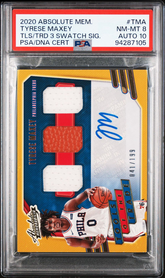 2020 Absolute Memorabilia 3 Swatch Signatures TT3-TMA Tyrese Maxey PSA 8/Auto 10