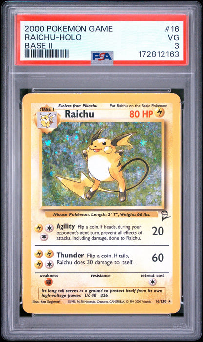 Front of PSA 3 graded 2000 Pokemon Base Set 2 Raichu holo card 16 of 130, cert 172812163