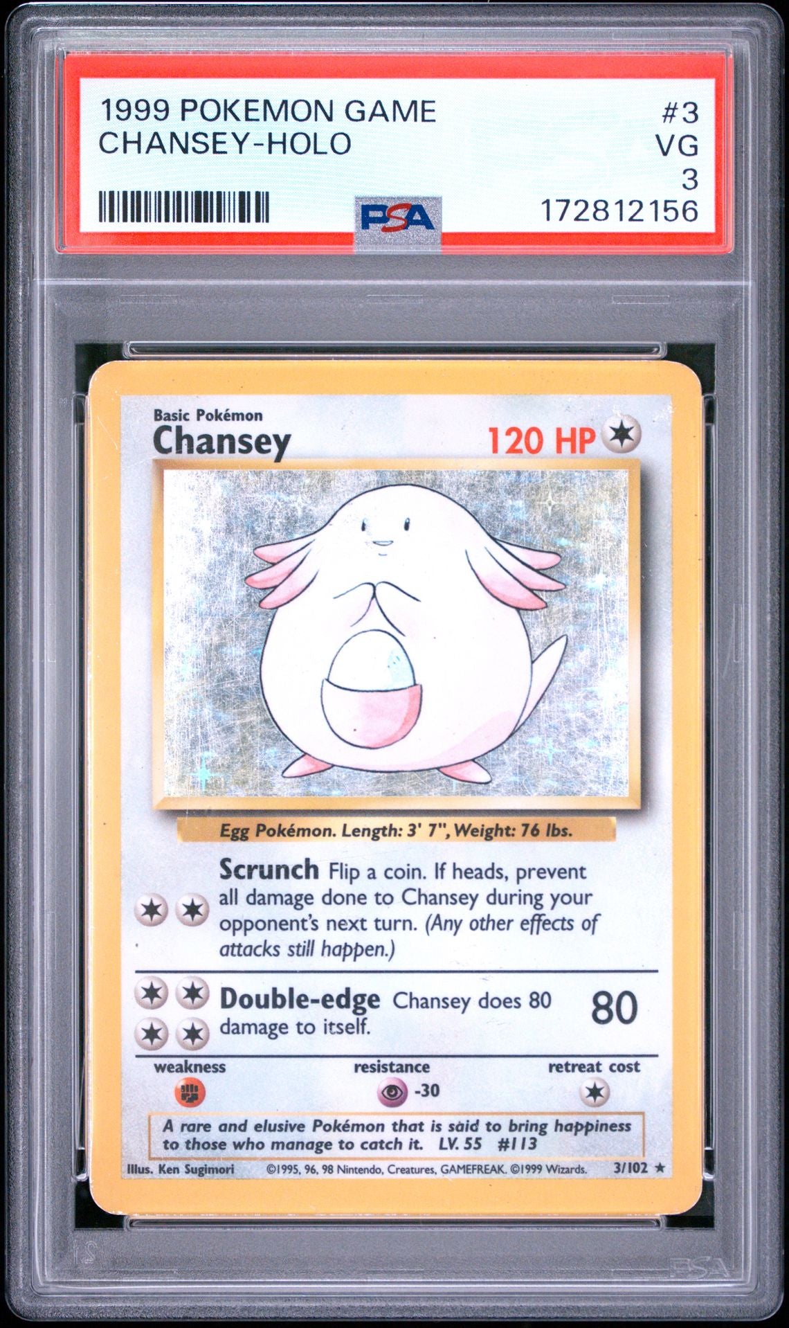 Front of PSA 3 graded 1999 Pokemon Base Set Chansey holo card 3 of 102, cert 172812156