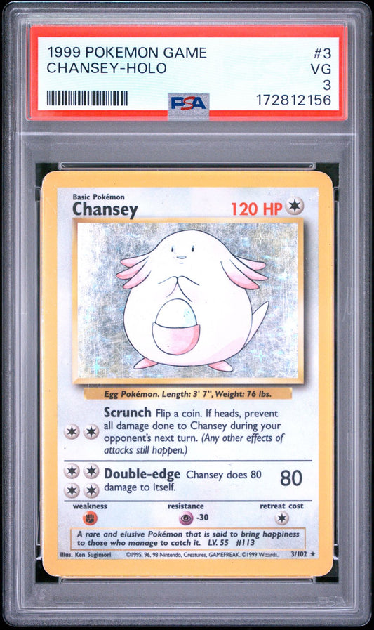Front of PSA 3 graded 1999 Pokemon Base Set Chansey holo card 3 of 102, cert 172812156