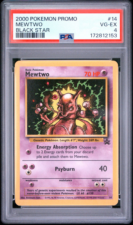 Front of PSA 4 graded 2000 Pokemon Black Star Promo Mewtwo card 14, cert 172812153