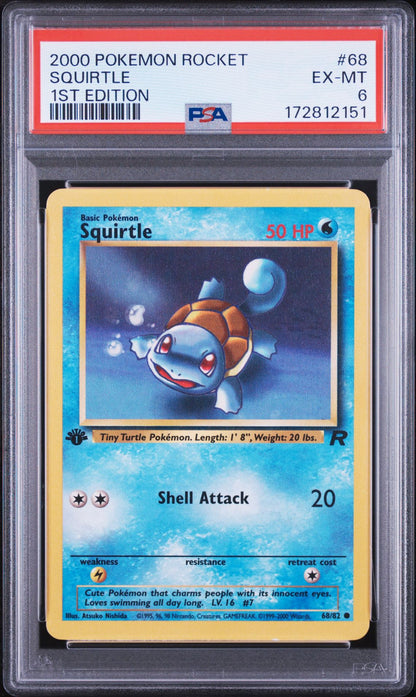 Front of PSA 6 graded 2000 Pokemon Team Rocket Squirtle 1st Edition card 68 of 82, cert 172812151