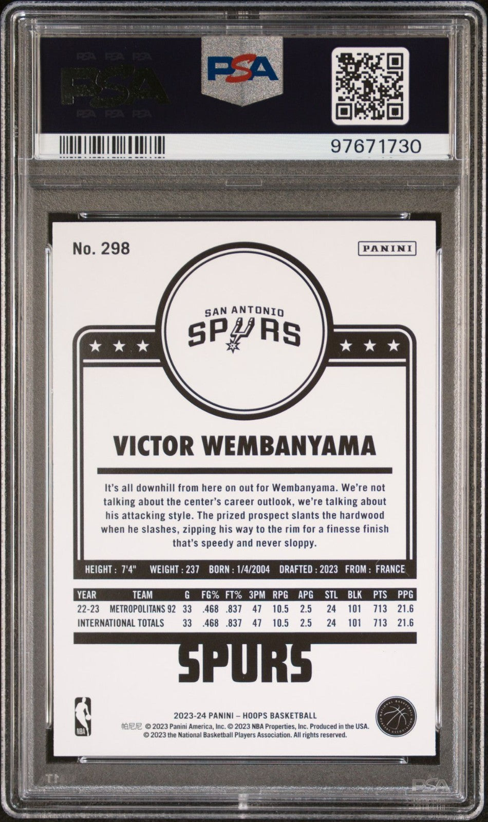 Victor Wembanyama Rookie PSA 9 2023-24 Panini NBA Hoops Winter #298 back