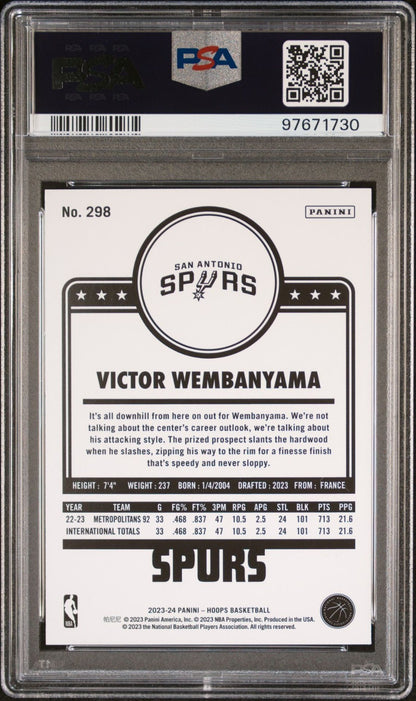 Victor Wembanyama Rookie PSA 9 2023-24 Panini NBA Hoops Winter #298 back