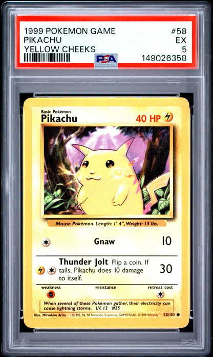 Pikachu PSA 5 1999 Pokemon Base Set Yellow Cheeks #058/102 front