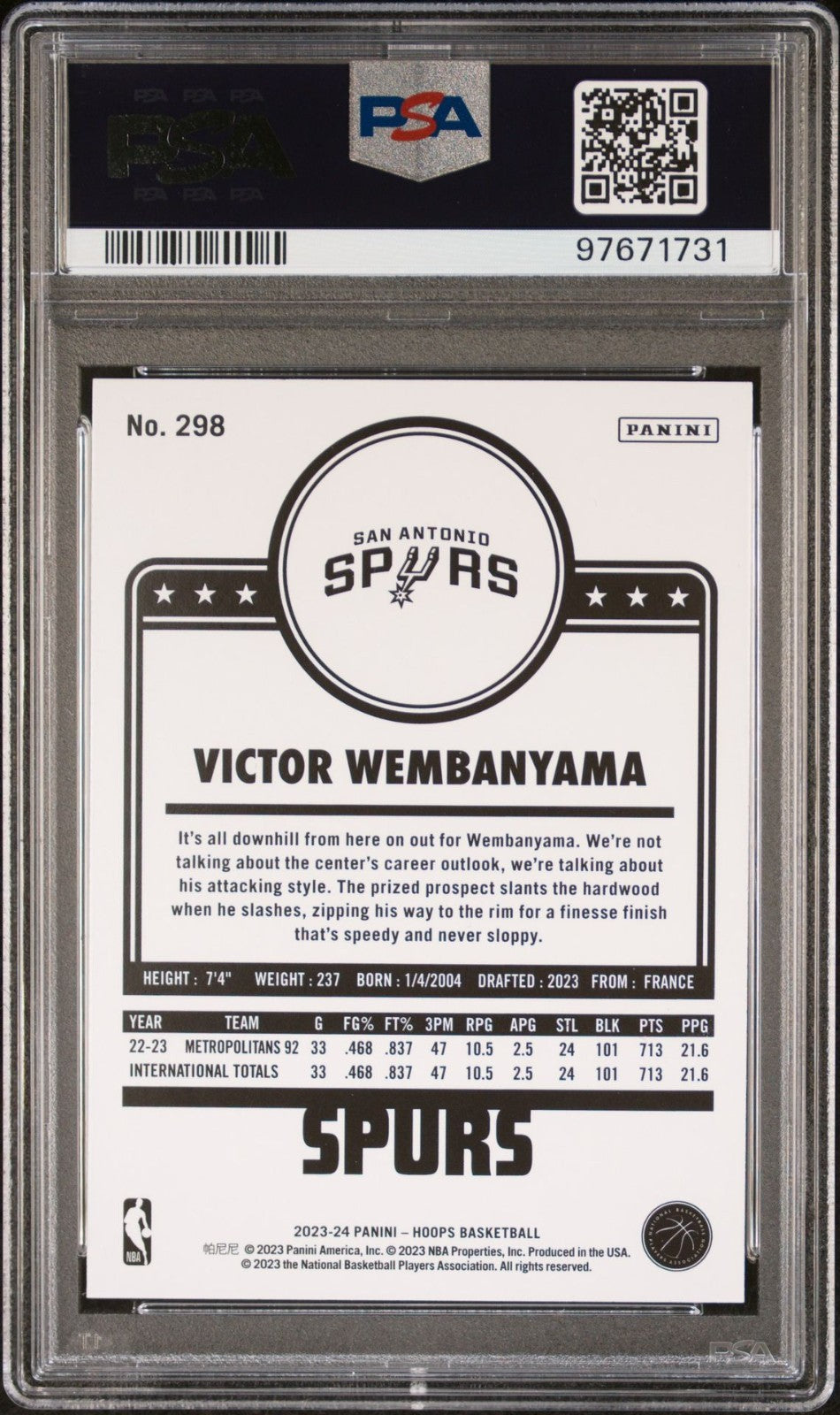 Victor Wembanyama Rookie PSA 9 2023-24 Panini NBA Hoops Winter #298 back