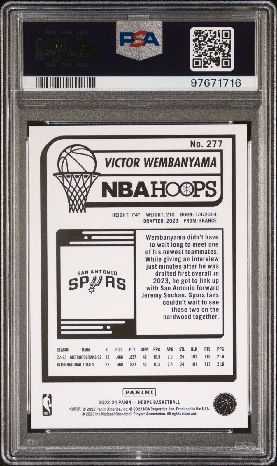 Victor Wembanyama Rookie PSA 9 2023-24 Panini NBA Hoops Winter #277 back