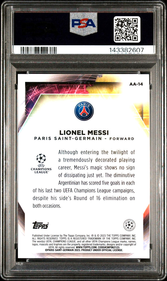 Lionel Messi PSA 10 2022-23 Topps Merlin UEFA Club Competitions Refractor #AA-14 back