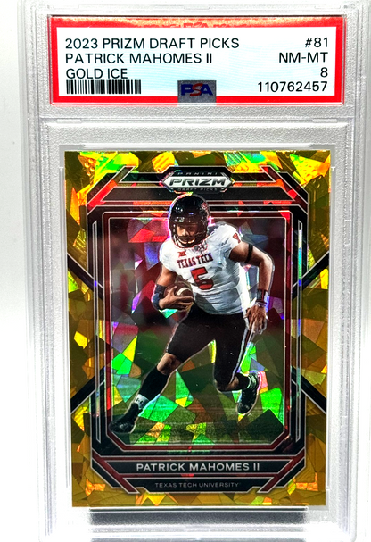 Patrick Mahomes II PSA 8 2023 Panini Prizm Draft Picks Gold Ice #81 front