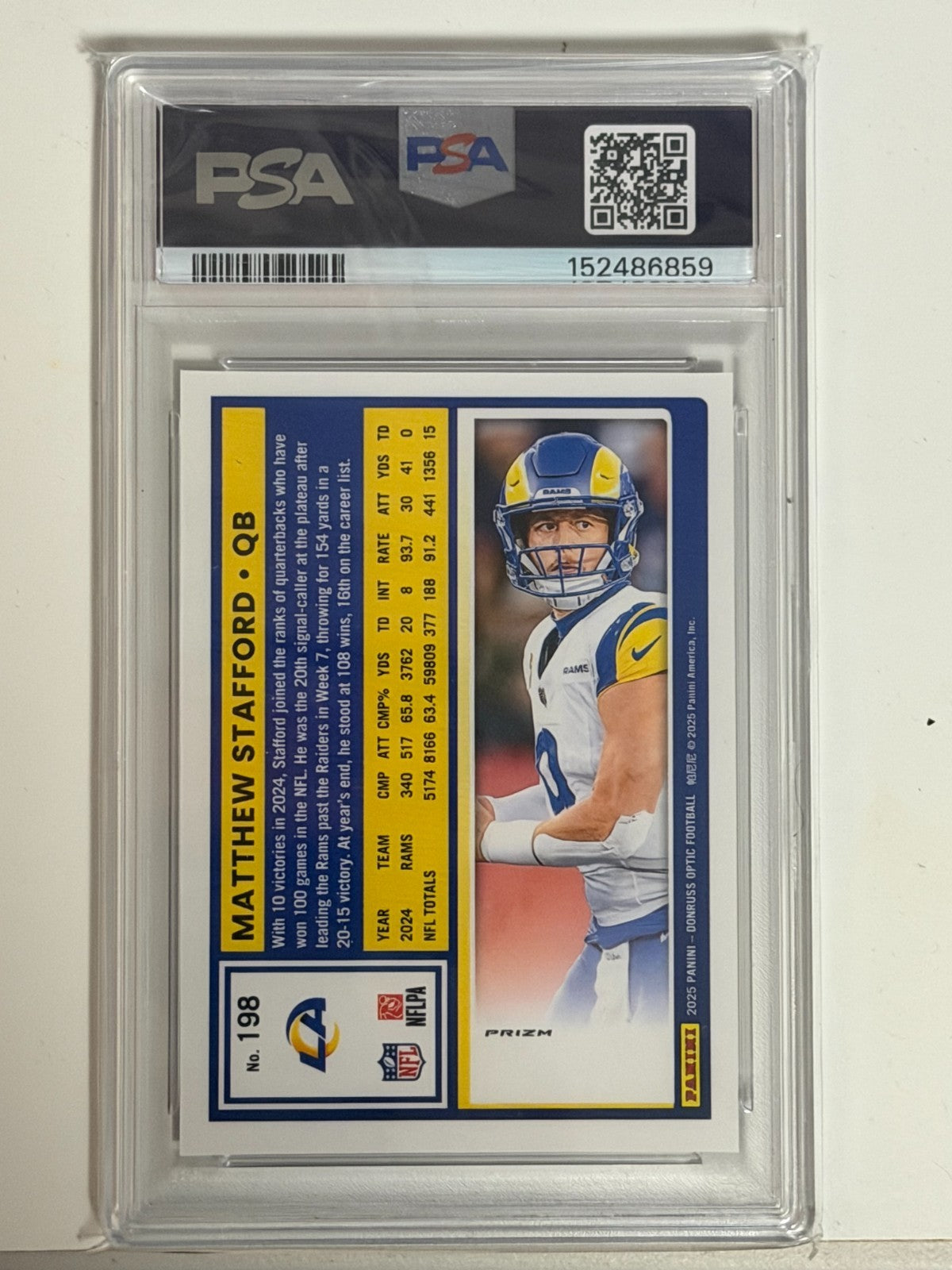 Matthew Stafford PSA 9 2025 Panini Donruss Optic #198 back
