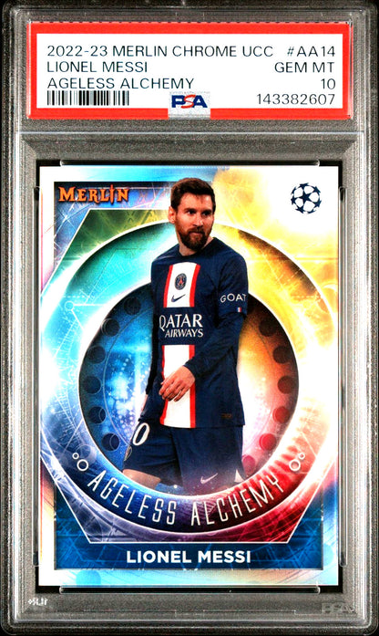 Lionel Messi PSA 10 2022-23 Topps Merlin UEFA Club Competitions Refractor #AA-14 front