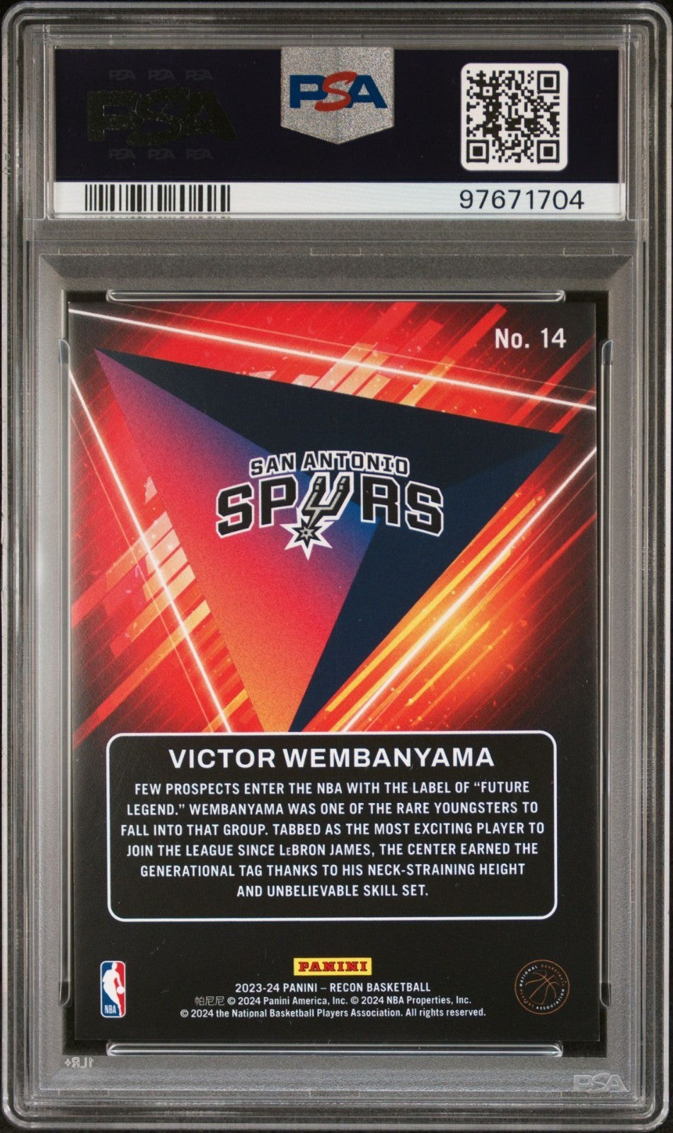 Victor Wembanyama Rookie PSA 10 2023-24 Panini Recon #14 back